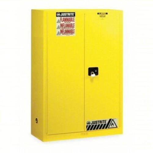 DESCRIPTION: (1) HAZARDOUS MATERIAL CABINET BRAND/MODEL: JUSTRITE #1YNE4 INFORMATION: YELLOW, 45 GAL, YELLOW, MANUAL CLOSE, 2 SHELVES SIZE: 43 IN X 18