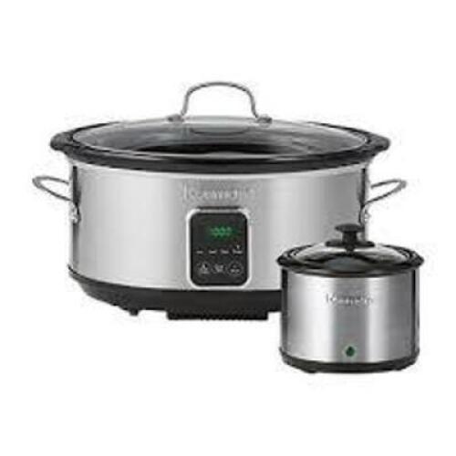 DESCRIPTION: (1) SLOW COOKER WITH WARMER BRAND/MODEL: KENMORE INFORMATION: STAINLESS STEEL SIZE: 7 QUART COOKER AND 1/2 QUART WARMER RETAIL$: $143.99