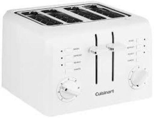 DESCRIPTION: (1) COMPACT 4 SLICE TOASTER BRAND/MODEL: CUISINART INFORMATION: WHITE RETAIL$: $45.64 EA QTY: 1