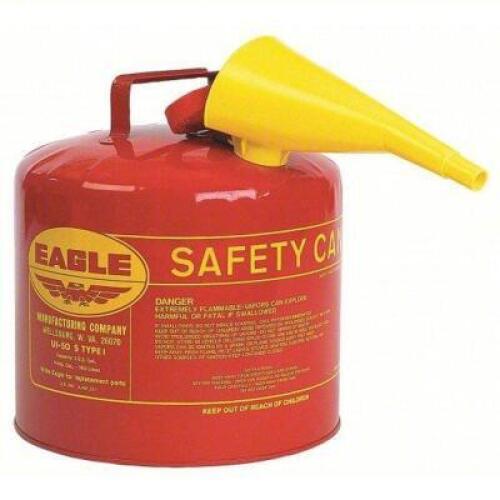 DESCRIPTION: (1) TYPE I SAFETY CAN BRAND/MODEL: EAGLE #3NKR5 INFORMATION: RED, INCLUDES FUNNEL SIZE: 5 GAL CAPACITY RETAIL$: $90.23 EA QTY: 1