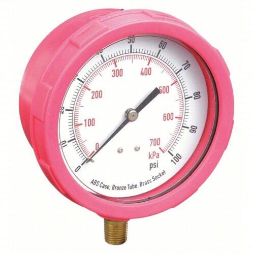 DESCRIPTION: (1) INDUSTRIAL PRESSURE GAUGE INFORMATION: Red, 0 psi 100 psi, 4 in Dial RETAIL$: $63.29 SIZE: 1/4" NPT QTY: 1