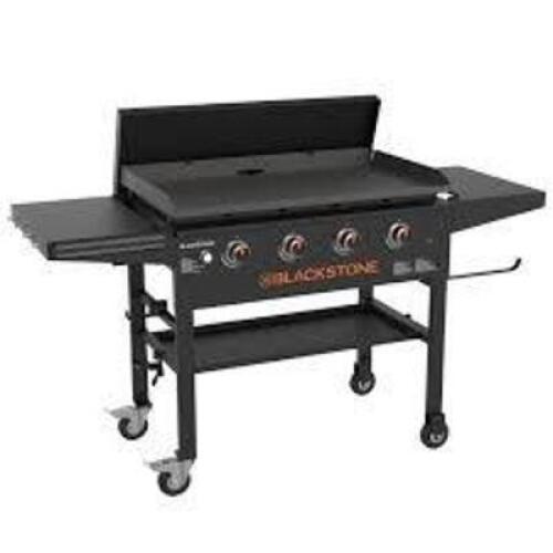 DESCRIPTION: (1) PROPANE GAS GRILL GRIDDLE COOKING STATION WITH FOLDING SHELVES BRAND/MODEL: BLACKSTONE #1863 INFORMATION: BLACK SIZE: 36", 4 BURNER R