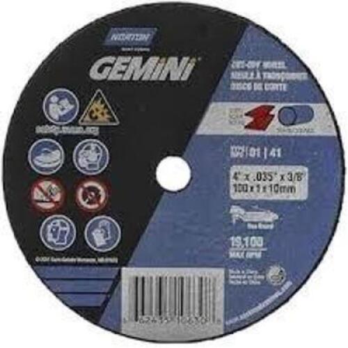 DESCRIPTION: (2) BOXES OF (25) CUT-OFF WHEEL BRAND/MODEL: NORTON GEMINI #66243537273 SIZE: 4" X 0.35" X 3/8" RETAIL$: $10.82 PER WHEEL QTY: 2
