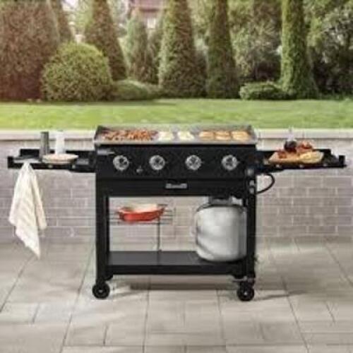 DESCRIPTION: (1) 4 BURNER GAS GRIDDLE BRAND/MODEL: MEMBERS MARK INFORMATION: BLACK, OVERSIZED SIDE TABLES, FOLDING RETAIL$: $250.00 EA QTY: 1