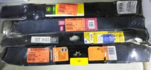 DESCRIPTION: (4) DIFFERENT LAWN MOWER BLADES BRAND/MODEL: TORO, JOHN DEERE, CUB CADET SIZE: 48/42/46 RETAIL$: $100.00 EA QTY: 4