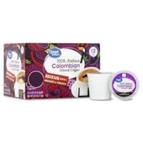 DESCRIPTION: (1) BOX OF (12) COFFEE PODS BRAND/MODEL: GREAT VALUE INFORMATION: COLOMBIAN RETAIL$: $16.47 EA QTY: 1