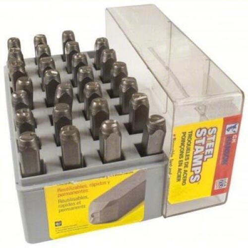 DESCRIPTION: (1) STEEL LETTER STAMP SET BRAND MODEL CH HANSON 25150 INFORMATION: A-Z & REVERSED SIZE: 1/8" RETAIL$: $98.17 QTY: 1