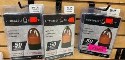 DESCRIPTION (8) ASSORTED PACKS OF POWERBELT ELR .50 CAL ADDITIONAL INFORMATION RETAILS FOR $21 EACH THIS LOT IS: SOLD BY THE PIECE LOCATION MIDDLE FLO