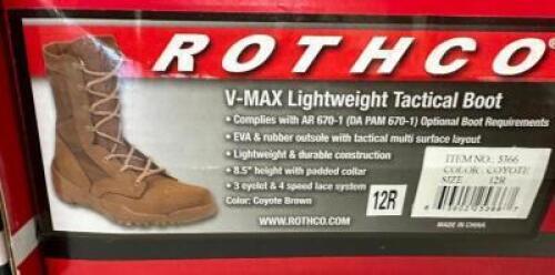 DESCRIPTION ROTHCO V-MAX LIGHTWEIGHT TACTICAL BOOT, BROWN SIZE 12R ADDITIONAL INFORMATION RETAILS FOR $63 LOCATION SOUTH WALL QTY 1
