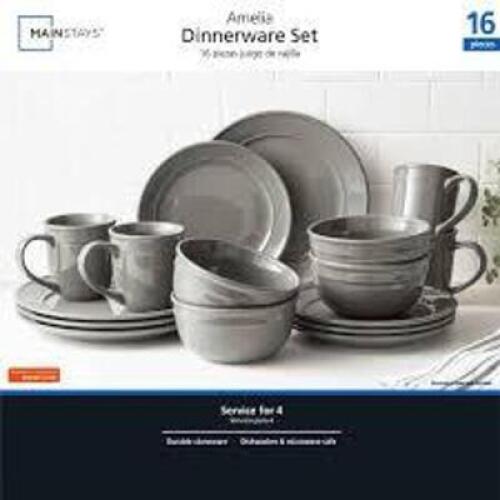 DESCRIPTION: (1) DINNERWARE SET BRAND/MODEL: MAINSTAYS INFORMATION: GREY RETAIL$: $85.00 QTY: 1