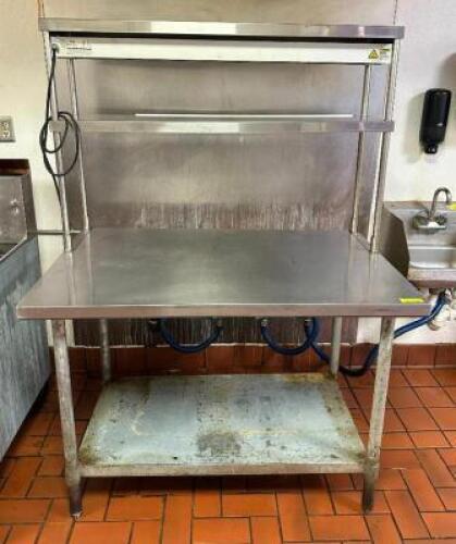 4' STAINLESS TABLE WITH DOUBLE RISER SHELF AND HEAT LAMP