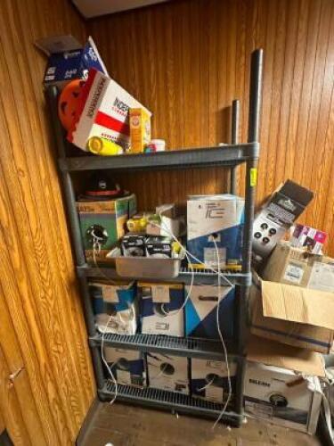 PLASTIC SHELVING UNIT WITH ASSORTED CABLE AND LIGHTBULBS