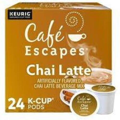 DESCRIPTION: (2) BOXES OF (24) CHAI LATTE PODS BRAND/MODEL: KEURIG CAFE ESCAPES RETAIL$: $20.99 EA QTY: 2