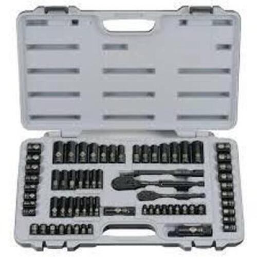 DESCRIPTION: (1) SOCKET SET AND WRENCHES BRAND/MODEL: STANLEY INFORMATION: BLACK CHROME, 69 PIECES RETAIL$: $155.95 EA QTY: 1
