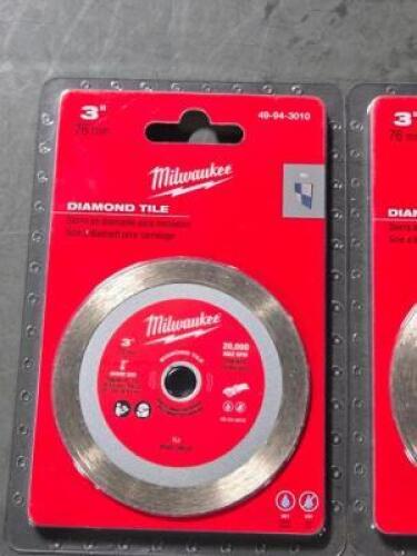 DESCRIPTION: (4) DIAMOND CUTOFF WHEELS BRAND/MODEL: MILWAUKEE 47879622 SIZE: 3" DIA RETAIL$: 70.88 QTY: 4