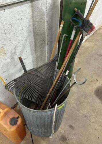 WASTE BIN WITH ASSORTED YARD TOOLS