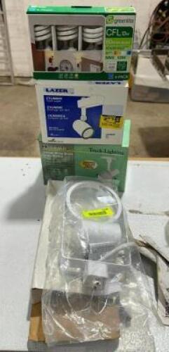 ASSORTED TRACK LIGHTS, LAMPS, BULBS AND HARDWARE