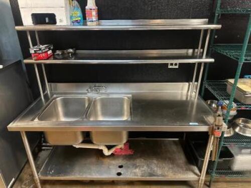 DESCRIPTION 72" X 30" STAINLESS TABLE W/ RISER SHELF AND MOUNTED CAN OPENER. ADDITIONAL INFORMATION HEAVY DUTY W/ 4" BACK SPLASH AND 1" BACK SPLASH ON