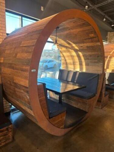DESCRIPTION CIRCULAR WOOD BOOTH WITH UPHOLSTERED PADDED SEATING AND CENTER TABLE/ COMES WITH PENDANT LIGHT FIXTURE. ADDITIONAL INFORMATION UNIQUE CIRC