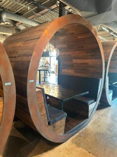 DESCRIPTION CIRCULAR WOOD BOOTH WITH UPHOLSTERED PADDED SEATING AND CENTER TABLE/ COMES WITH PENDANT LIGHT FIXTURE. ADDITIONAL INFORMATION UNIQUE CIRC
