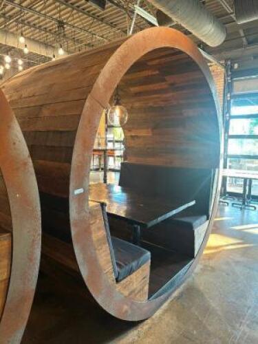 DESCRIPTION CIRCULAR WOOD BOOTH WITH UPHOLSTERED PADDED SEATING AND CENTER TABLE/ COMES WITH PENDANT LIGHT FIXTURE. ADDITIONAL INFORMATION UNIQUE CIRC
