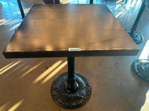 DESCRIPTION 30" X 30" HARDWOOD TABLE W/ CAST IRON PUB BASE. SIZE 30" X 30" X 42" T LOCATION BAR QTY 1