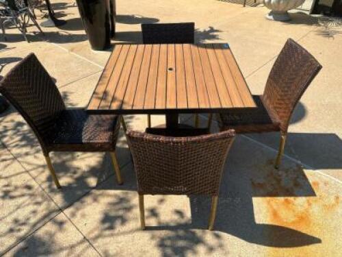 DESCRIPTION 36" X 36" FAUX TEAK WOOD PATIO TABLES W/ COMPOSITE WOVEN CHAIRS. COMES WITH HEAVY DUTY METAL TABLE BASE. ADDITIONAL INFORMATION IN GREAT C