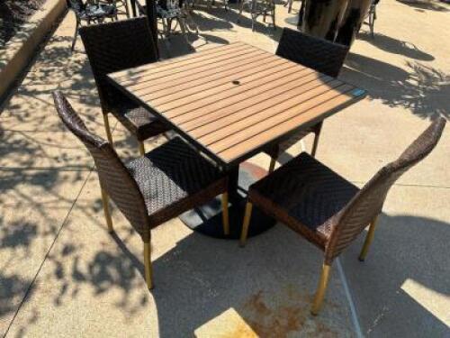 DESCRIPTION 36" X 36" FAUX TEAK WOOD PATIO TABLES W/ COMPOSITE WOVEN CHAIRS. COMES WITH HEAVY DUTY METAL TABLE BASE. ADDITIONAL INFORMATION IN GREAT C