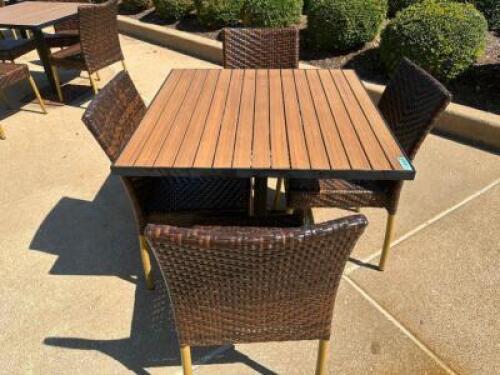 DESCRIPTION 36" X 36" FAUX TEAK WOOD PATIO TABLES W/ COMPOSITE WOVEN CHAIRS. COMES WITH HEAVY DUTY METAL TABLE BASE. ADDITIONAL INFORMATION IN GREAT C