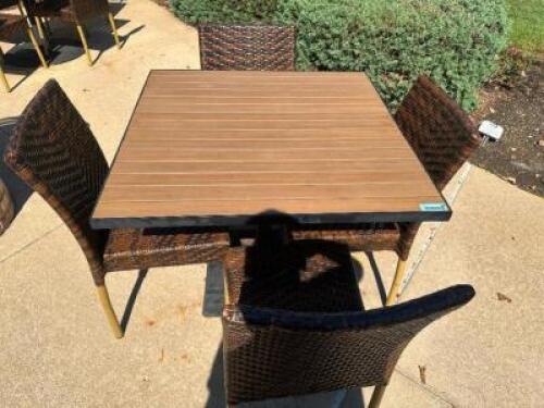 DESCRIPTION 36" X 36" FAUX TEAK WOOD PATIO TABLES W/ COMPOSITE WOVEN CHAIRS. COMES WITH HEAVY DUTY METAL TABLE BASE. ADDITIONAL INFORMATION IN GREAT C
