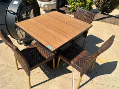 DESCRIPTION 36" X 36" FAUX TEAK WOOD PATIO TABLES W/ COMPOSITE WOVEN CHAIRS. COMES WITH HEAVY DUTY METAL TABLE BASE. ADDITIONAL INFORMATION IN GREAT C