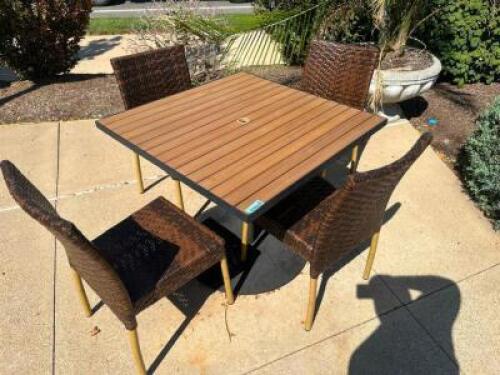 DESCRIPTION 36" X 36" FAUX TEAK WOOD PATIO TABLES W/ COMPOSITE WOVEN CHAIRS. COMES WITH HEAVY DUTY METAL TABLE BASE. ADDITIONAL INFORMATION IN GREAT C