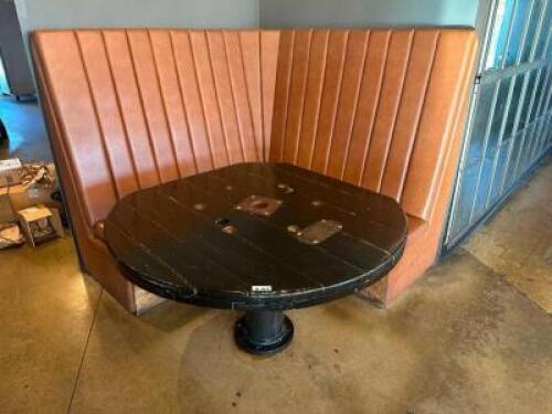 DESCRIPTION TAN CHANNEL-BACK PADDED SEATING WRAPPING TWO WALLS AND A ADDITIONAL INFORMATION TABLE NOT INCLUDED IN LOT LOCATION BAR QTY 1