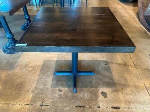 DESCRIPTION 30" X 30" HARDWOOD TABLE W/ STANDARD METAL BASE. ADDITIONAL INFORMATION ESPRESSO FINISH SIZE 30" X 30" LOCATION MAIN SEATING QTY 1