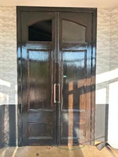 DESCRIPTION 30" X 177" HARDWOOD DOUBLE DOORS. ( MISSING ) GLASS ON LEFT HAND DOOR. ADDITIONAL INFORMATION FRAME IS NOT INCLUDED THIS LOT IS: ONE MONEY