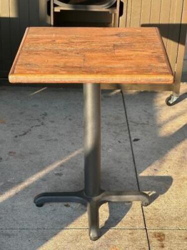 DESCRIPTION 2 FT. WOOD TOP PATIO TABLE THIS LOT IS: ONE MONEY SIZE 24" X 24" X 31" LOCATION PATIO QTY 1
