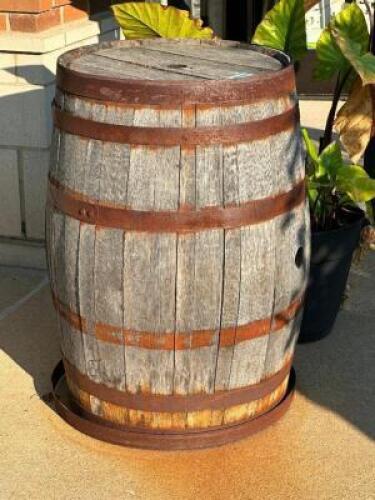 DESCRIPTION DECORATIVE WHISKEY BARREL THIS LOT IS: ONE MONEY SIZE 22" X 35" LOCATION PATIO QTY 1