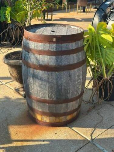 DESCRIPTION DECORATIVE WHISKEY BARREL THIS LOT IS: ONE MONEY SIZE 22" X 35" LOCATION PATIO QTY 1