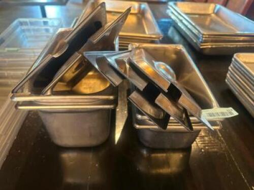 DESCRIPTION (4) ASSORTED 1/3 SIZE STAINLESS INSERTS W/ LIDS ADDITIONAL INFORMATION 6" AND 4" DEEP THIS LOT IS: SOLD BY THE PIECE LOCATION BAR QTY 4
