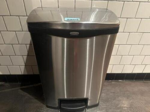 DESCRIPTION STAINLESS BATHROOM TRASH CAN AND WALL MOUNTED PAPER TOWEL DISPENSER THIS LOT IS: ONE MONEY LOCATION BATHROOM QTY 1
