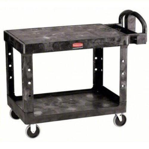 DESCRIPTION: (1) UTILITY CART WITH DEEP LIPPED PLASTIC SHELVESBRAND/MODEL: RUBBERMAID #4ACA8INFORMATION: BLACK, PLASTIC, FLUSH SHELVESSIZE: 26" X 44" X 33 1/2"RETAIL$: $320.53 EAQTY: 1