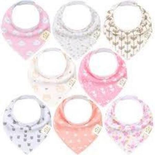 DESCRIPTION: (1) BABY BANDANA DROOL BIB KIT BRAND/MODEL: X001QKQXUZ INFORMATION: PINK AND WHITE RETAIL$: $16.99 EA QTY: 1