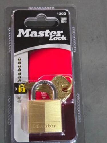 DESCRIPTION: (8) SOLID BRASS PADLOCKS BRAND/MODEL: MASTERLOCK 130D SIZE: 9/16" SHACKLE WIDE RETAIL$: 101.52 QTY: 8