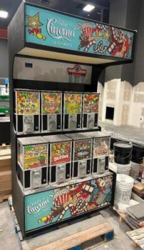 DESCRIPTION CINEMA CANDY TREATS EIGHT GROUP COIN OPERATED CANDY MACHINE. ADDITIONAL INFORMATION NO KEY. LOCATION LEFT SIDE CONSTRUCTION QTY 1