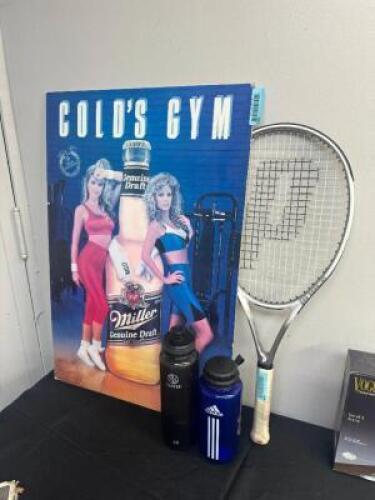 GOLDS GYM POSTER, TENNIS RACKET, AND (2) - SPORT BOTTLES