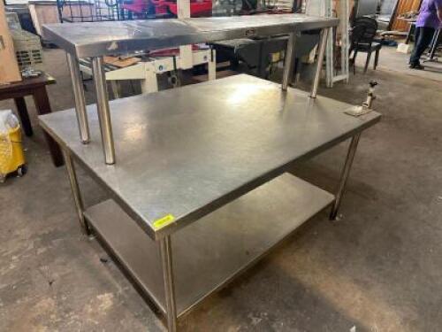 60" X 44" STAINLESS TABLE W/ CENTER RISER SHELF AND MOUNTED CAN OPENER.