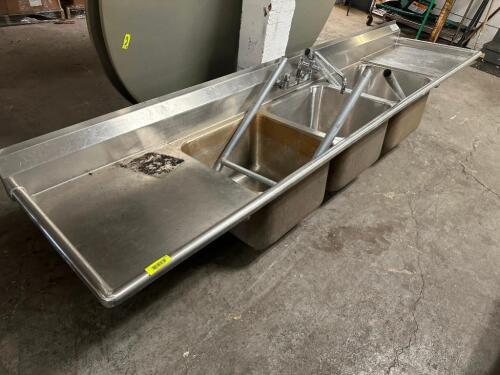100" THREE WELL STAINLESS POT SINK W/ LEFT AND RIGHT DRY BOARDS.
