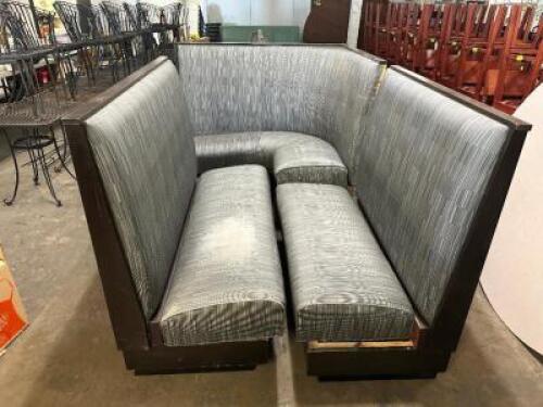 (1) CORNER SECTION, (1) DOUBLE SIDED SECTION, (2) END CAPS OF GREY AND BLACK HIGH BACK BOOTH SEATING