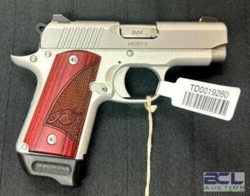 DESCRIPTION KIMBER MICRO 9 9mm PISTOL BRAND / MODEL: KIMBER SERIAL # TD0019260 ADDITIONAL INFORMATION ROSEWOOD GRIP, COMES WITH CASE, BOX, AND (1) EXT