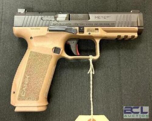 DESCRIPTION CANIK METE SFT 9mm PISTOL BRAND / MODEL: CANIK SERIAL # 25CC04738 ADDITIONAL INFORMATION COMES WITH CASE, HOLSTER, (1) EXTRA MAG, AND ACCE